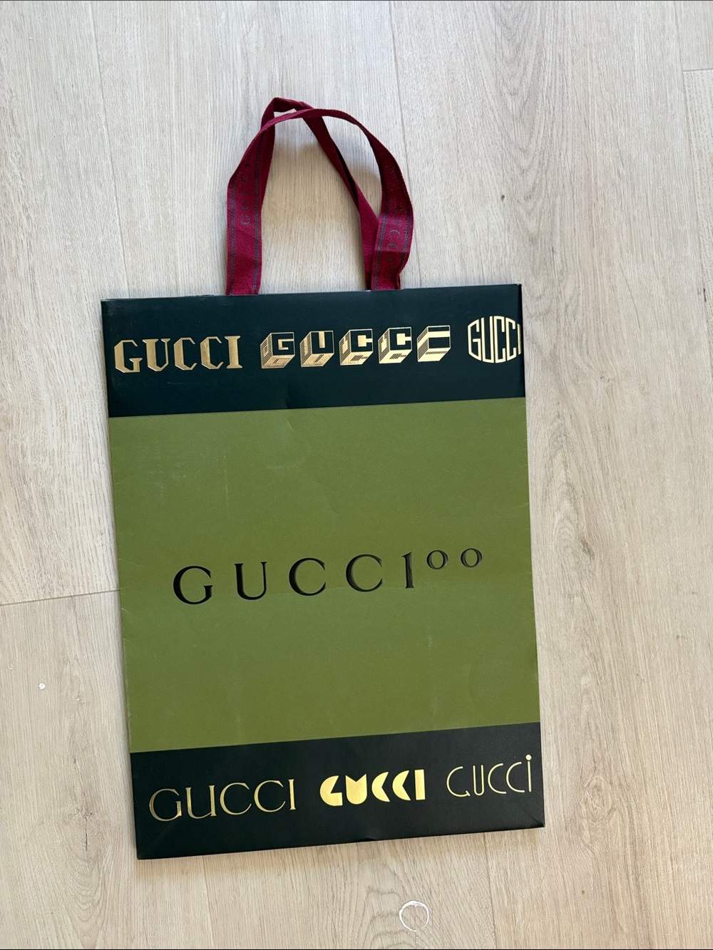 Gucci Olive Green Shopping Tote with Wine Red Handles